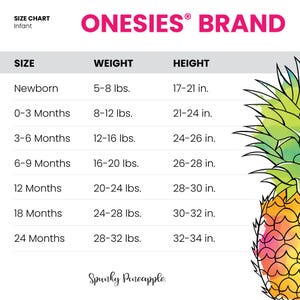 May include: A size chart for infant onesies from the brand Onesies. The chart lists sizes from newborn to 24 months, with corresponding weights in pounds and heights in inches. A colorful pineapple graphic is on the right.