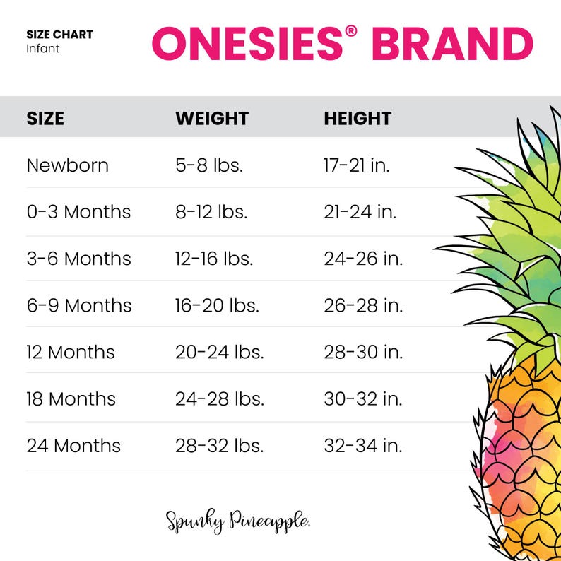 May include: A size chart for infant onesies from the brand Onesies. The chart lists sizes from newborn to 24 months, with corresponding weights in pounds and heights in inches. A colorful pineapple graphic is on the right.
