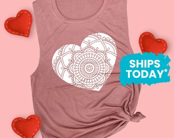 Heart Mandala, Workout Muscle Tee, Valentines Day Shirts for Women