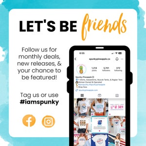 May include: An advertisement with the text "LET'S BE friends" in black and orange. It promotes monthly deals, new releases, and a chance to be featured. The image includes a phone displaying a social media profile and social media icons.
