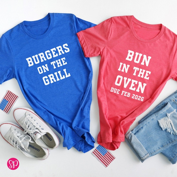 Matching Couples Pregnancy Announcement T-Shirt: Burgers on Grill, Bun in Oven