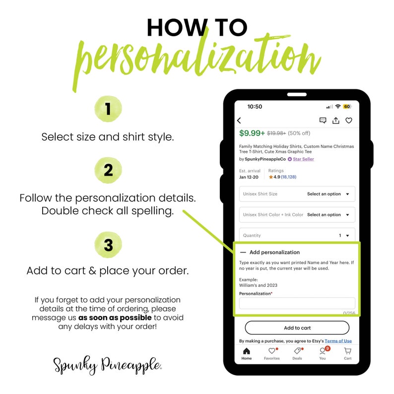 May include: A step-by-step guide on how to personalize a family matching holiday shirt. The image shows a phone screen with a product listing for a custom name Christmas tree t-shirt. The listing includes options for size, color, and personalization details. The text on the screen reads "Add personalization" and "Type exactly as you want printed Name and Year here. If no year is put, the current year will be used."