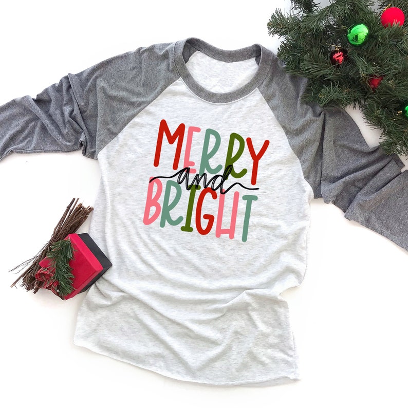 Merry & Bright Raglan Shirt Christmas Baseball Tee Holiday image 1