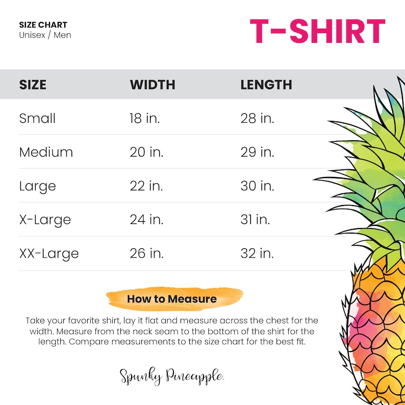 Puede incluir: Una tabla de tallas para una camiseta con medidas en pulgadas. La tabla muestra el ancho y la longitud de la camiseta en diferentes tallas: Small, Medium, Large, X-Large y XX-Large. La tabla est&aacute; ilustrada con un gr&aacute;fico de pi&ntilde;a colorido.