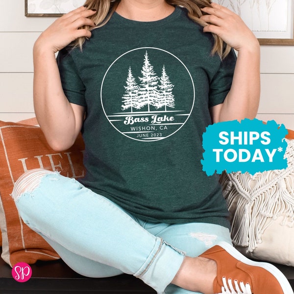 Custom Lake Name Shirt with Three Pine Trees, Camping T-Shirt, Personalized Family Vacation Shirts (3 PINE TREES)