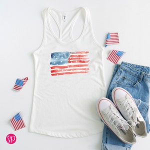 Watercolor American Flag Tank Top, Independence Day Shirts, Cute Fourth of July Tank