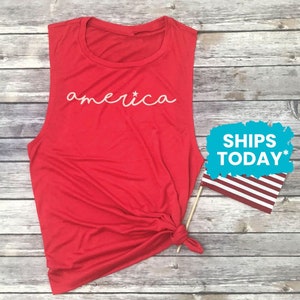 America Muscle Tank, Womens 4th of July Tank Top, Cute 4th of July Shirt (AMERICA with STAR)