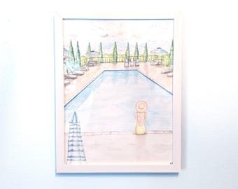 Aquarell am Pool Kunstdruck | Frau im gelben Badeanzug | Sommer Wand Kunst | Mediterranes Dekor