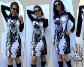 Skull print, Original print dress, Punk clothing, Long sleevs dress, Tights, Tattoo Art Inspired, Gothic Club Dress.Fetish