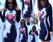 Original print dress, Punk clothing, Long sleevs dress, Tights, Tattoo Art Inspired, Gothic Club Dress