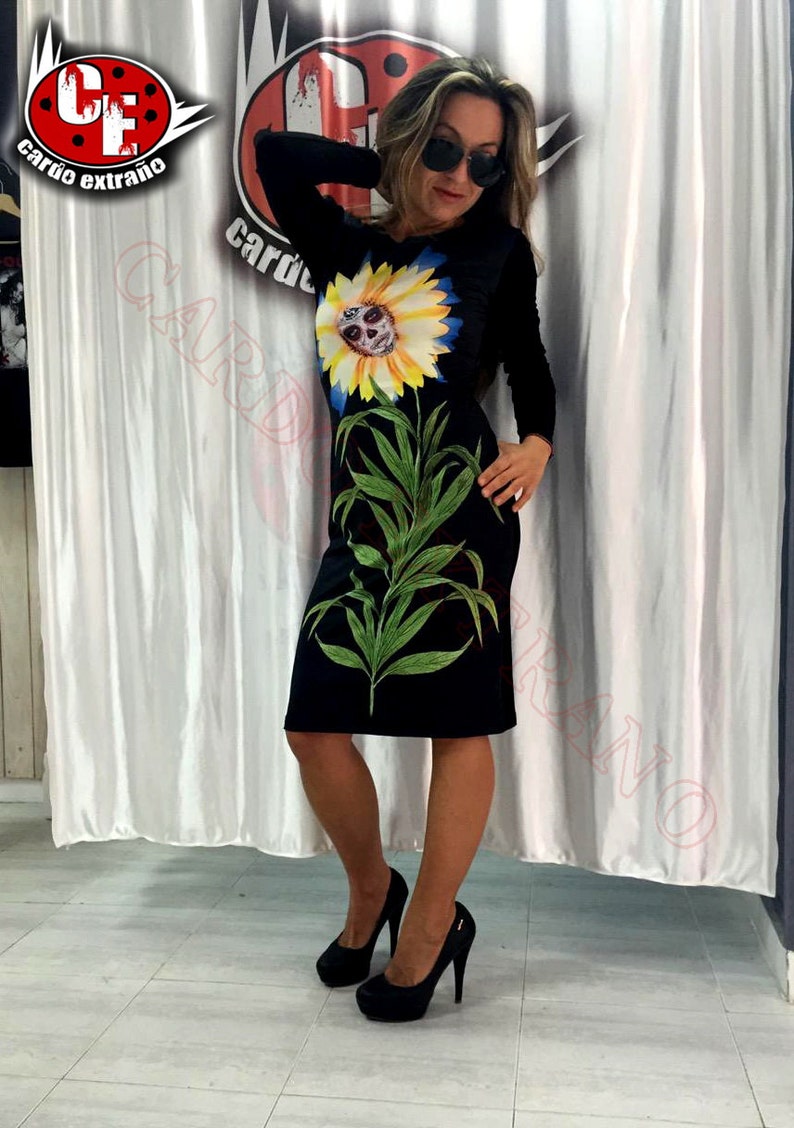 Catrina sunflower Catrina dibujo Sugar skull tattoo Long sleeves dress Black dress Flower of the dead