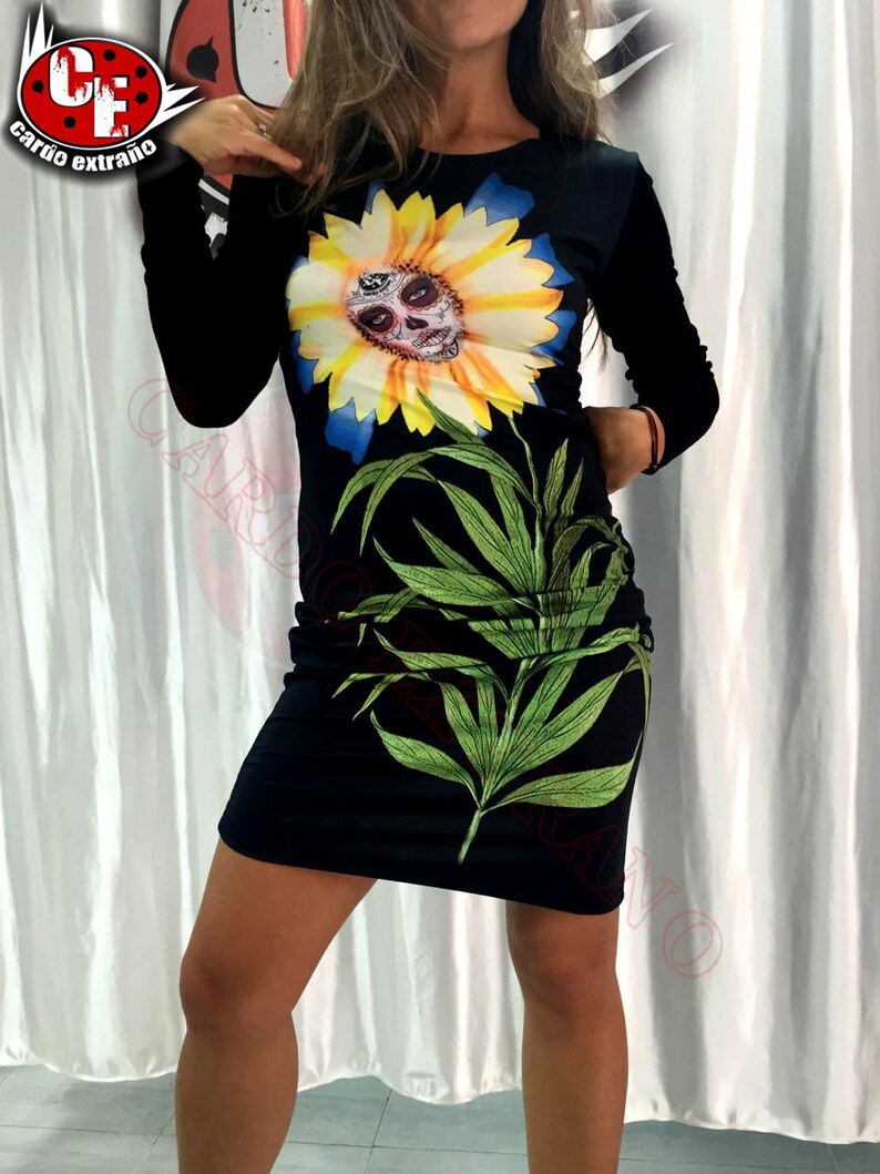 Catrina sunflower Catrina dibujo Sugar skull tattoo Long sleeves dress Black dress Flower of the dead