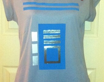 A gray and blue droid women's running costume