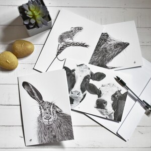 Set of 4 greeting cards, blank greeting cards, birthday cards, mouse card, cow card, hedgehog card, hare card