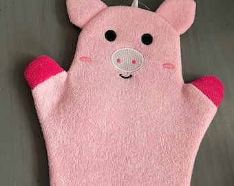 Embroidered animal wash mitt pig, elephant personalised