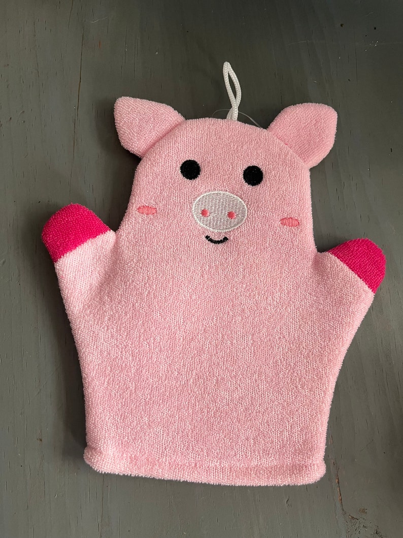 Embroidered animal wash mitt pig, elephant personalised image 1