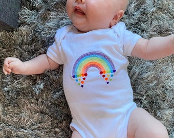 Embroidered Baby vest. Rainbow and hearts. Prem. 0-3, 3-6 upwards