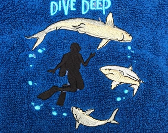 Scuba diving shark personalised towel