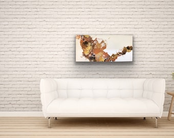 Grande toile abstraite originale de 13 x 27,5 cm, oeuvre d'art noir or orange