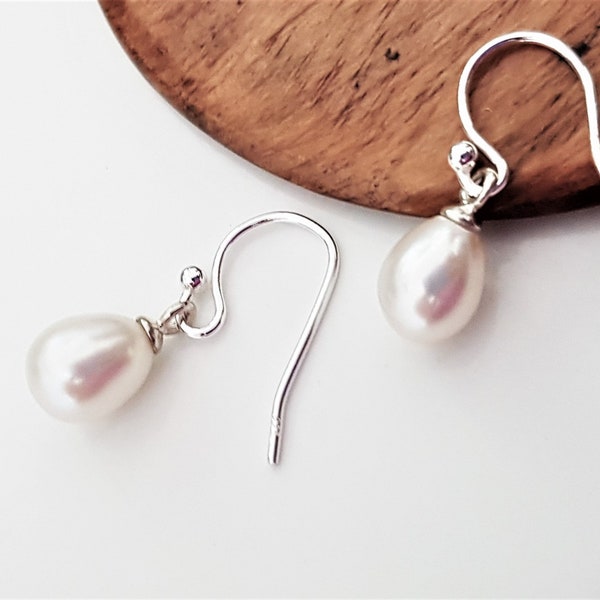 Sterling Silver Freshwater Pearl Earrings, Dainty Teardrop Pearl Earrings, French Hook Dangle Earrings, Wedding Jewelry.