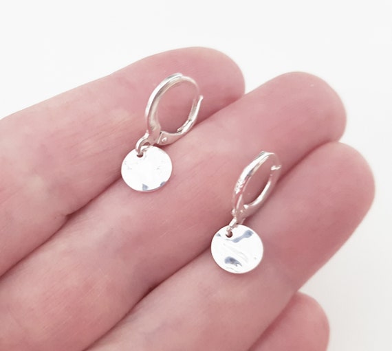 Sterling Silver Huggie Hoops with Hammered Disk Charms Minimalist Style Dangle Earrings Fine Silver Simple Everyday Jewelry