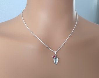 Sterling Silver Oxidised Leaf Necklace with Square Pink CZ Charm, Double Charm Dainty Necklace, Delicate Lightweight Minimalist Necklace