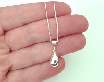 Sterling Silver Box Chain with Teardrop Pendant Necklace, Puffy Teardrop Charm Necklace, Minimalist Simple Jewelry, Great Gift For Her