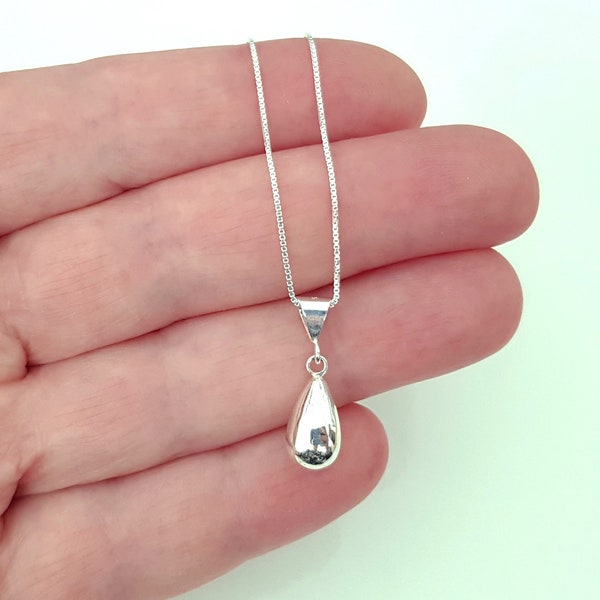 Sterling Silver Box Chain with Teardrop Pendant Necklace, Puffy Teardrop Charm Necklace, Minimalist Simple Jewelry, Great Gift For Her