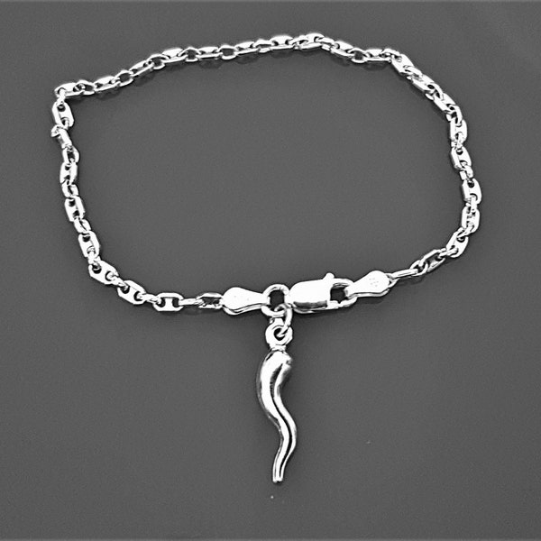 Sterling Silver Italian Horn Bracelet, 2.3mm Mariner Chain Bracelet, Chili Pepper Charm Bracelet, Simple Stackable Bracelet.