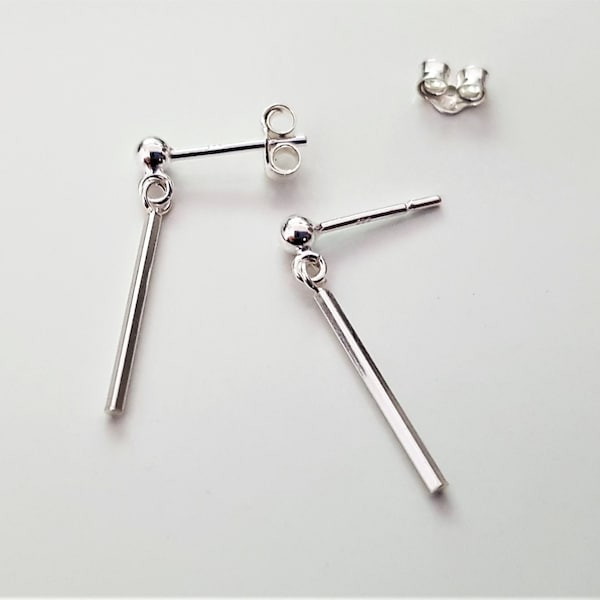 Sterling Silver Studs with Drop Bar Charms, Delicate Geometric Dangle Minimalist  Earrings, 925 Silver Simple Everyday Earrings.