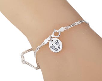 Sterling Silver Circular Footprint Charm Bracelet, Silver Singapore Chain Delicate Simple Jewelry.