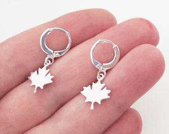 Sterling Silver Leaf Dangle Earrings, Huggie Hoops with Canadian Maple Leaf Charms, 925 Silver Earrings for Men Women.