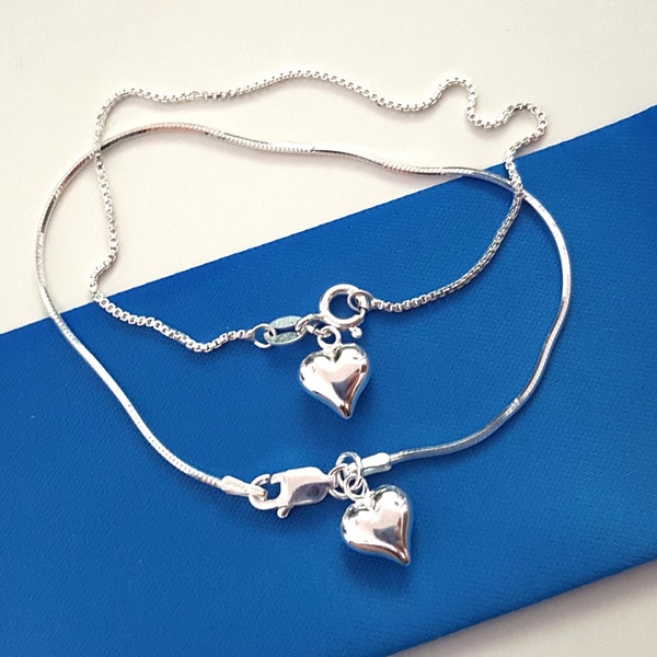 Sterling Silver Heart Bracelet, 3D Heart Charm Bracelet, Dainty Box Chain Bracelet with Heart Pendant, 925 Silver Thin Bracelet.