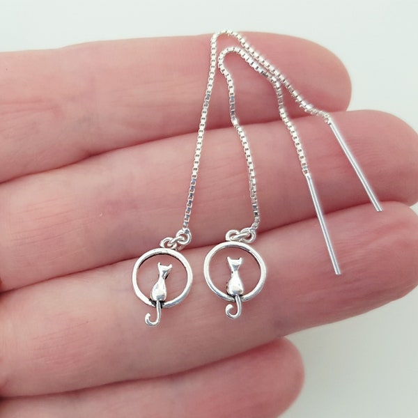925 Sterling Silver Threader Earrings, Cat Circle Charm Dangle Earrings, Pull Through Chain Earrings, Simple Minimalist Silver Jewelry.