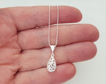 Sterling Silver Filigree Teardrop Charm Necklace, Delicate Dainty Silver Pendant Necklace, Great Gift Idea.
