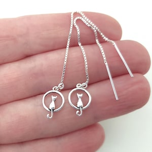 925 Sterling Silver Threader Earrings, Cat Circle Charm Dangle Earrings, Pull Through Chain Earrings, Simple Minimalist Silver Jewelry.