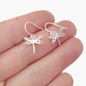 May include: A pair of silver-toned dragonfly earrings featuring intricate filigree wing patterns and curved ear wires. Each dragonfly charm has a slender body and detailed openwork wings, suspended from a simple hook mechanism for easy wear.