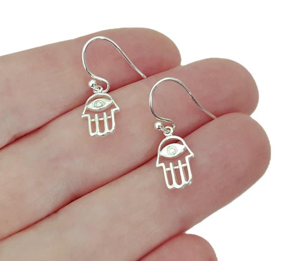 Hamsa Hand Silver Dangle Earrings, Dainty Evil Eye Charm Earrings