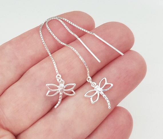 Delicate Sterling Silver Threader Earrings Dragonfly Charm - Etsy