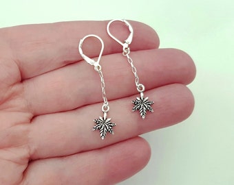 Sterling Silver Leaf Dangle Earrings, Delicate Drop Chain Earrings with Small Leaf Charm, Simple Everyday Minimal Jewelry.