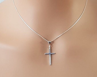 Dainty Sterling Silver Cross Necklace, 925 Silver Box Chain Cross Pendant Necklace, Streetwear Everyday Jewelry, Great Gift Idea.