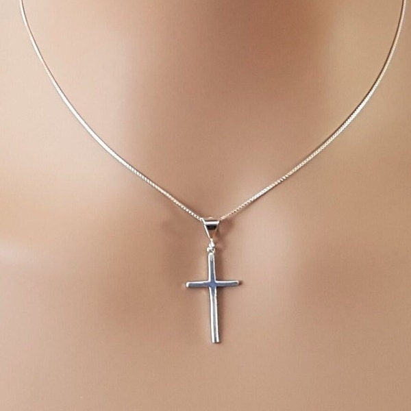 Dainty Sterling Silver Cross Necklace, 925 Silver Box Chain Cross Pendant Necklace, Streetwear Everyday Jewelry, Great Gift Idea.