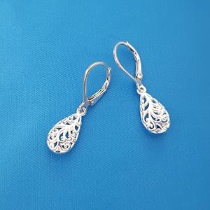 Sterling Silver Teardrop Dangle Earrings, Delicate Filigree Teardrop Charm Earrings, French Hook Drop Earrings, Wedding Jewelry.