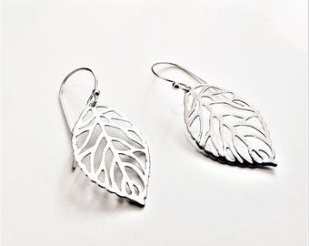 Large Silver Filigree Leaf Earrings, Leaf Charm Dangle Earrings,  Elegant , Sterling Silver Fine Jewelry.