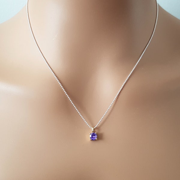 Amethyst CZ Gold Silver Necklace, Dainty Mix Metal Trendy Necklace, Holiday Gift Idea.