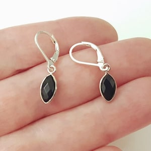 Gemstone Sterling Silver Hoop Earrings,  Marquise Cut Onyx Charm Earrings, Black Onyx Dangle Earrings, Dainty Lightweight Hoop Earrings.