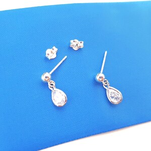 Sterling Silver CZ Studs, Dimond CZ Teardrop Dangles, 925 Ball Studs with Teardrop Charms, Minimalist Style Small CZ Earrings, Gift for Her.