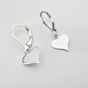 Sterling Silver Flat Heart Earrings, Lightweight Lever Back Delicate Earrings, Simple 925 Silver Dangle Earrings.