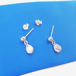Sterling Silver CZ Studs, Dimond CZ Teardrop Dangles, 925 Ball Studs with Teardrop Charms, Minimalist Style Small CZ Earrings, Gift for Her.