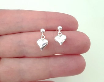 Sterling Silver Puffy Heart Post Earrings, Cute Delicate Stud Earrings, Dainty Drop Heart Earrings